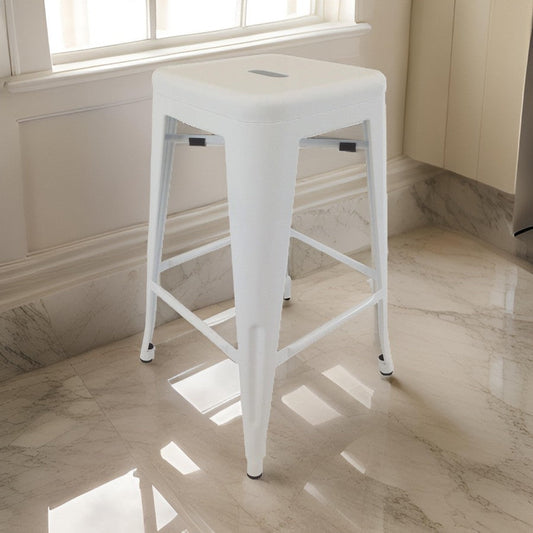 30 Inch Barstool, Tapered Legs, Sleek Footrests, Modern White Metal Finish By Casagear Home