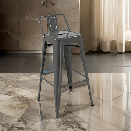 Giri 30 Inch Barstool Chair, Set of 4, Low Backrest, Tapered Legs, Dark Gray Metal