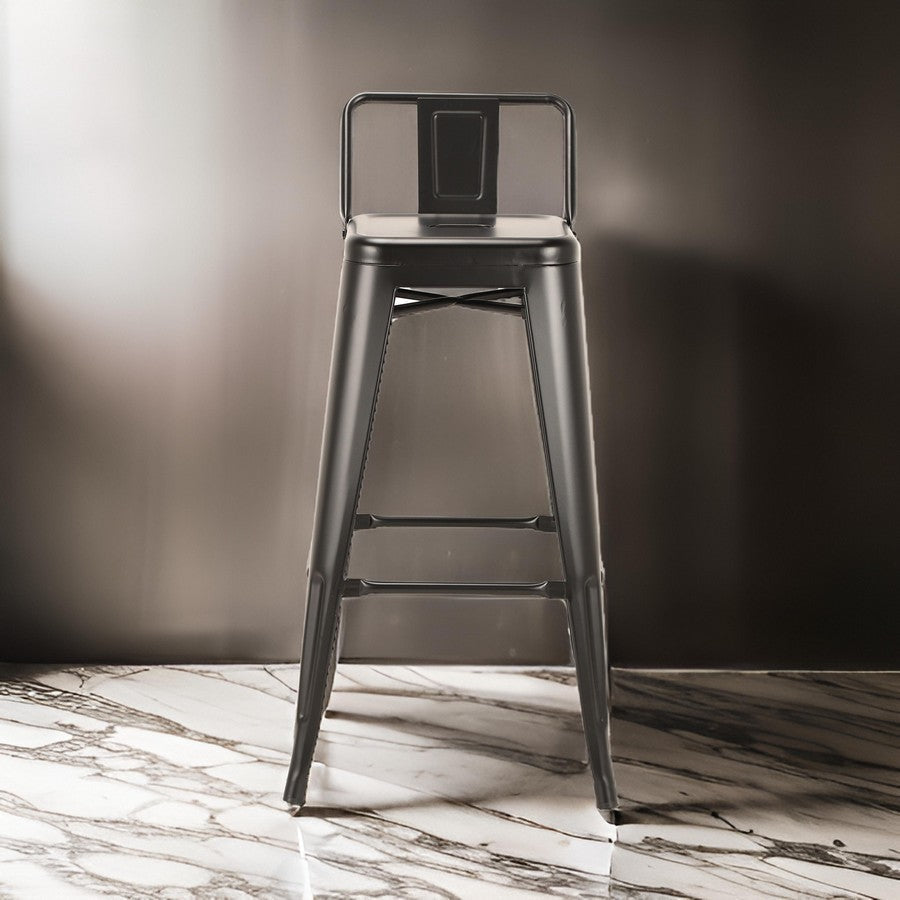 Giri 30 Inch Barstool Chair, Set of 4, Low Backrest, Tapered Legs, Dark Gray Metal