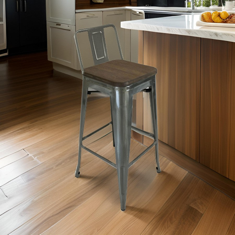 Trace 30 Inch Barstool Chair, Set of 4, Low Back, Wood Seat, Light Gray Metal