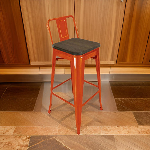 Trace 30 Inch Barstool Chair, Set of 4, Low Back, Wood Seat, Orange Metal Finish