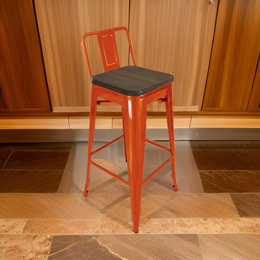 Trace 30 Inch Barstool Chair, Set of 4, Low Back, Wood Seat, Orange Metal Finish