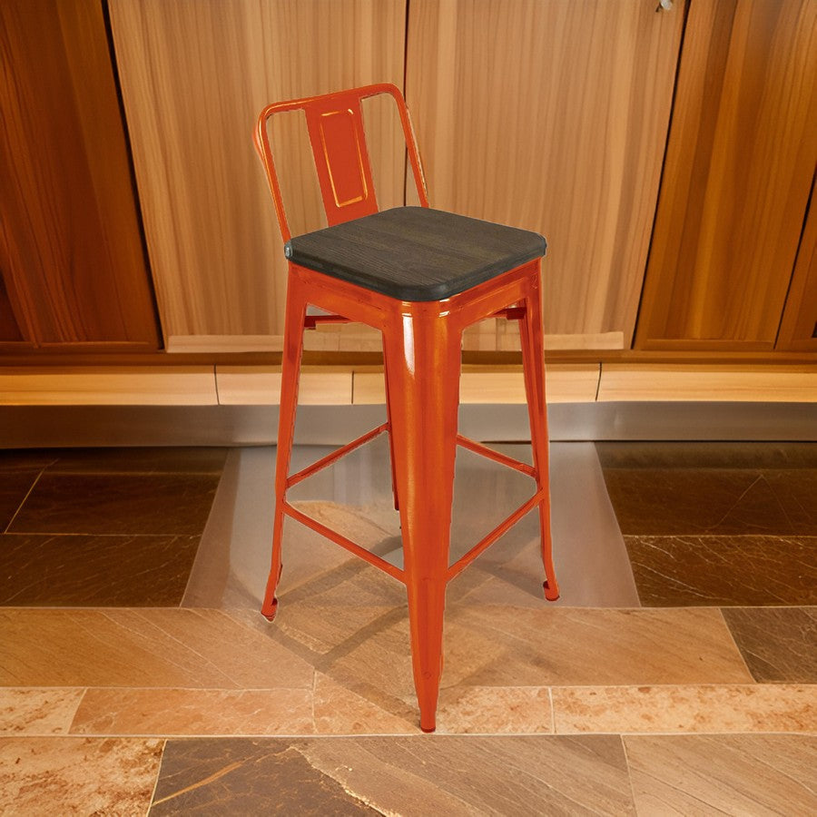 Trace 30 Inch Barstool Chair, Low Back, Wood Seat, Orange Metal Finish By Casagear Home