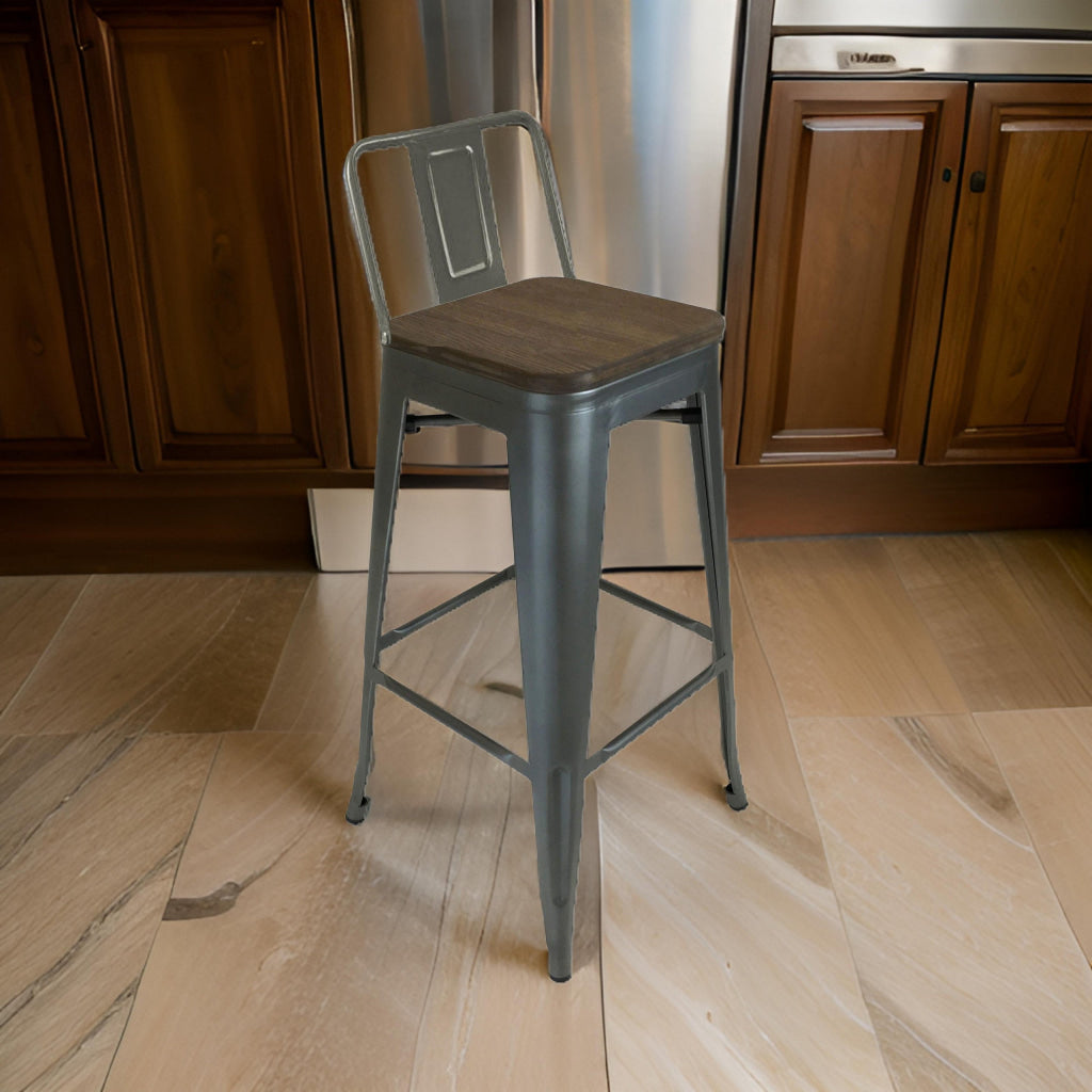 Trace 26 Inch Counter Stool Chair, Set of 4, Low Back, Wood Seat, Gray Metal Finish