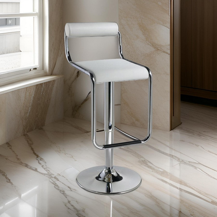 25-29 Inch Barstool Chair, Adjustable, White Faux Leather, Chrome Metal By Casagear Home