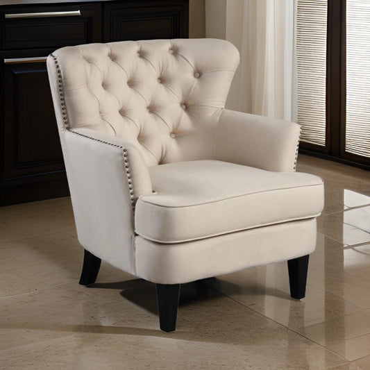 35 Inch Accent Chair, Beige Tufted Fabric Upholstery, Black Wood Legs By Casagear Home