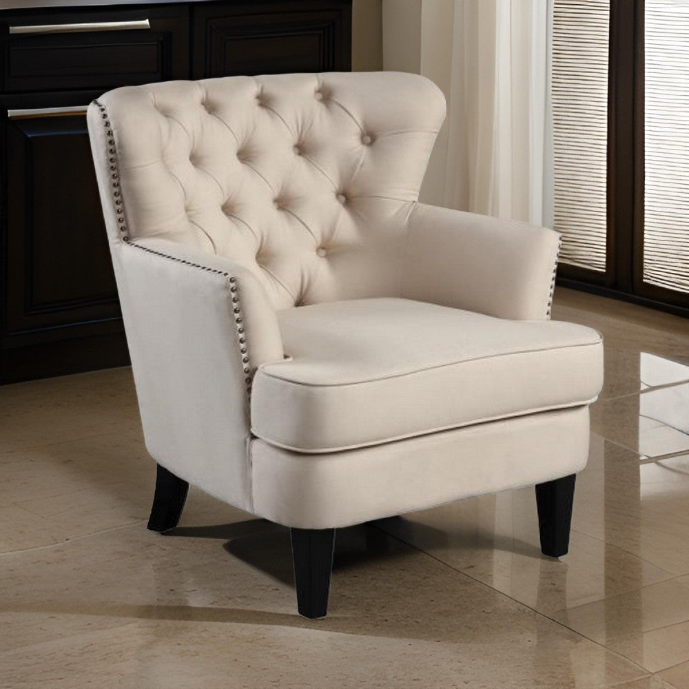 35 Inch Accent Chair, Beige Tufted Fabric Upholstery, Black Wood Legs By Casagear Home