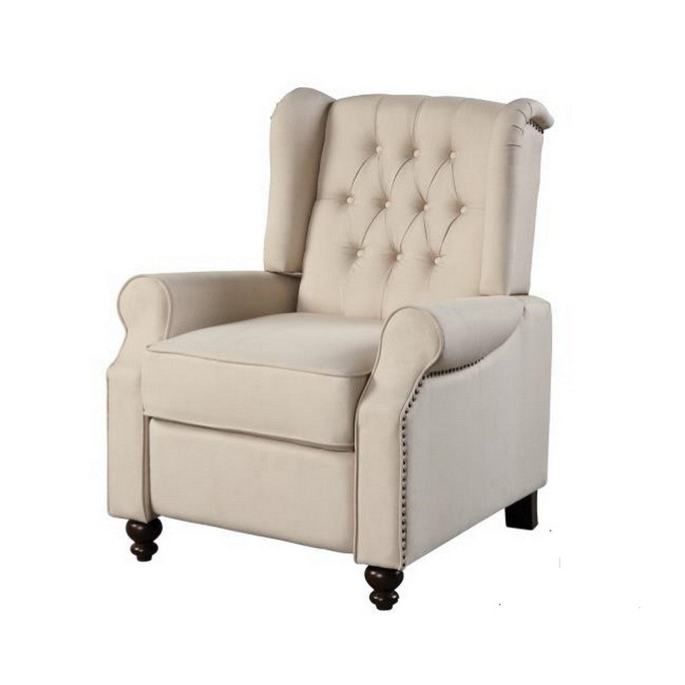 35 Inch Push Back Recliner Chair Beige Tufted Fabric Black Wood Legs By Casagear Home BM311919