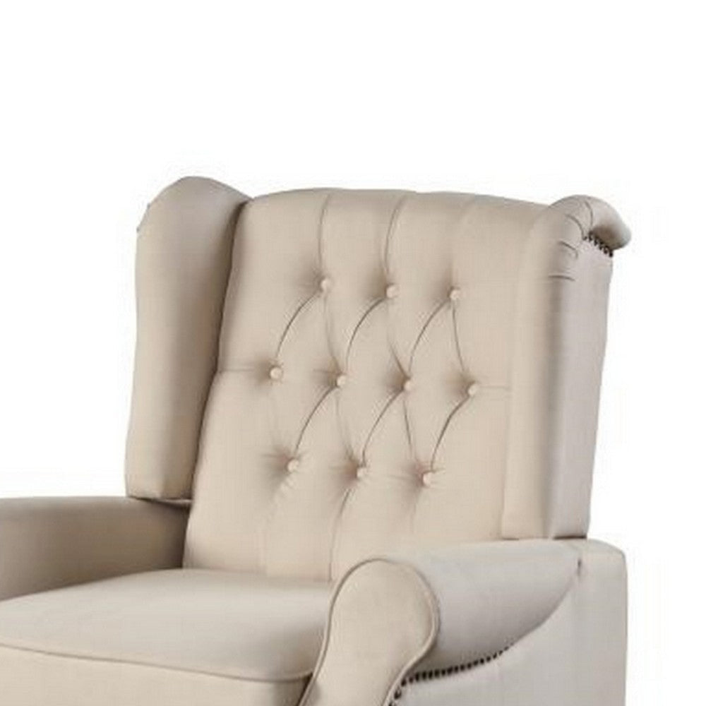 35 Inch Push Back Recliner Chair Beige Tufted Fabric Black Wood Legs By Casagear Home BM311919