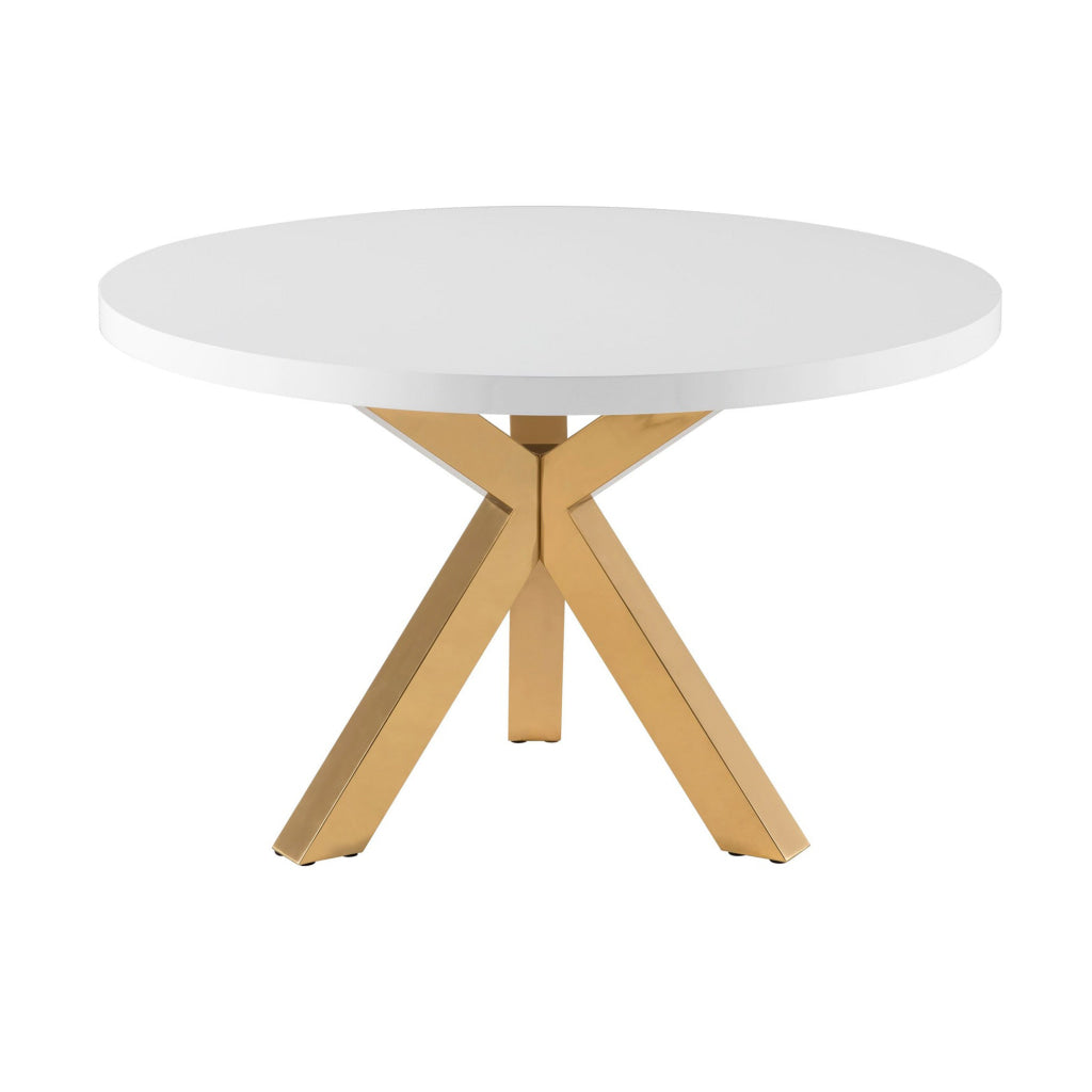 48 Inch Accent Table Round White Lacquer Top Angled Gold Metal Legs By Casagear Home BM311923