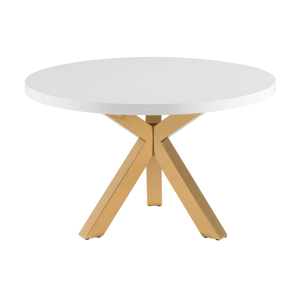 48 Inch Accent Table Round White Lacquer Top Angled Gold Metal Legs By Casagear Home BM311923