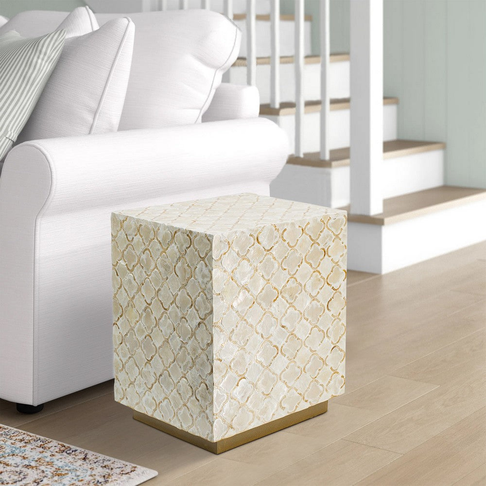 18 Inch Accent Side End Table Stool Square Cream Capiz Gold Base By Casagear Home BM311929