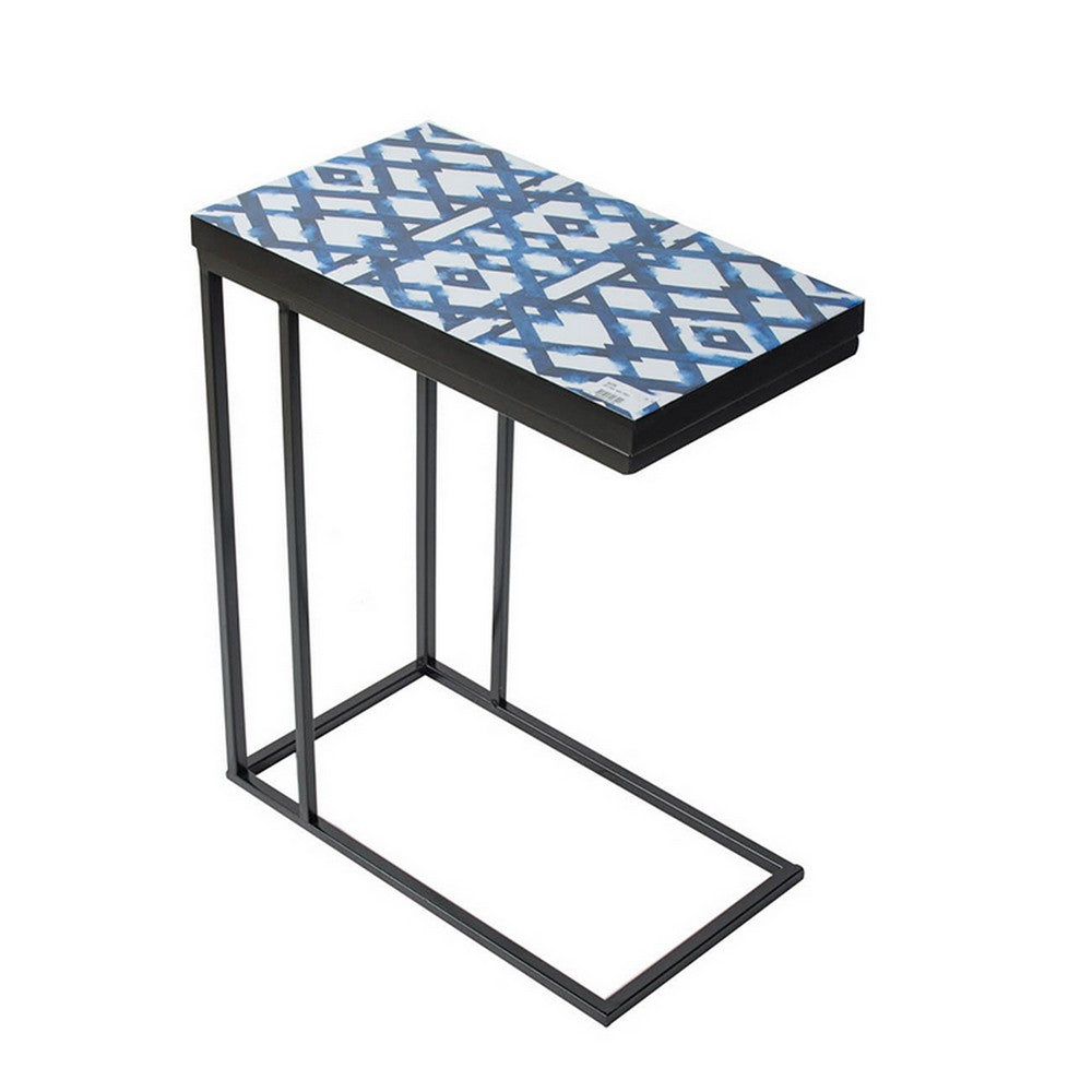 24 Inch Side Table C Shaped Indigo Patterned Top Iron Frame Black By Casagear Home BM311931