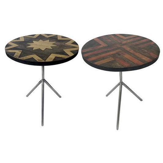 19 Inch Side Tables Set of 2, Inlay Designs, Metal Tripod Base, Brown Wood By Casagear Home