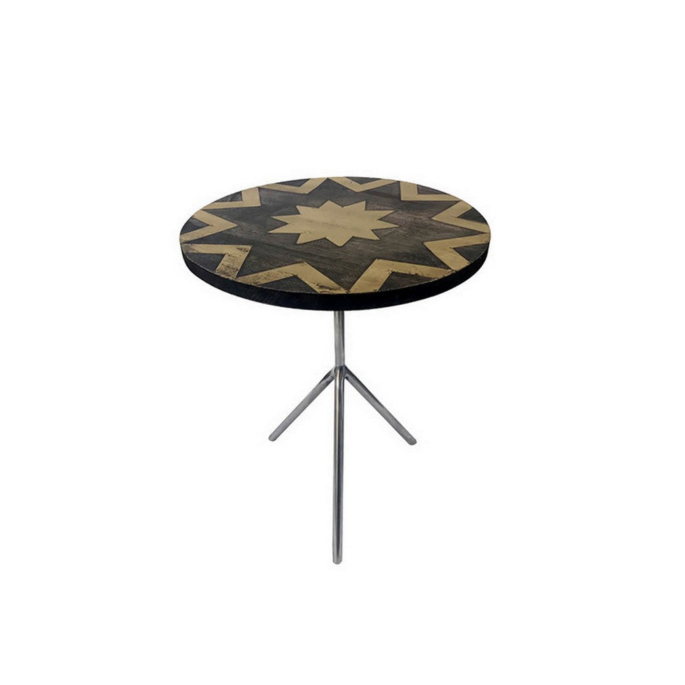 19 Inch Side Tables Set of 2 Inlay Designs Metal Tripod Base Brown Wood By Casagear Home BM311932