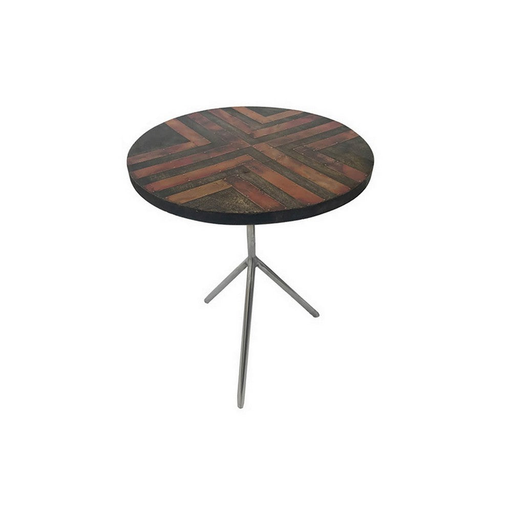 19 Inch Side Tables Set of 2 Inlay Designs Metal Tripod Base Brown Wood By Casagear Home BM311932