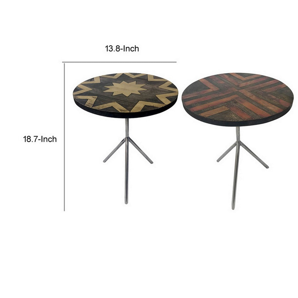 19 Inch Side Tables Set of 2 Inlay Designs Metal Tripod Base Brown Wood By Casagear Home BM311932