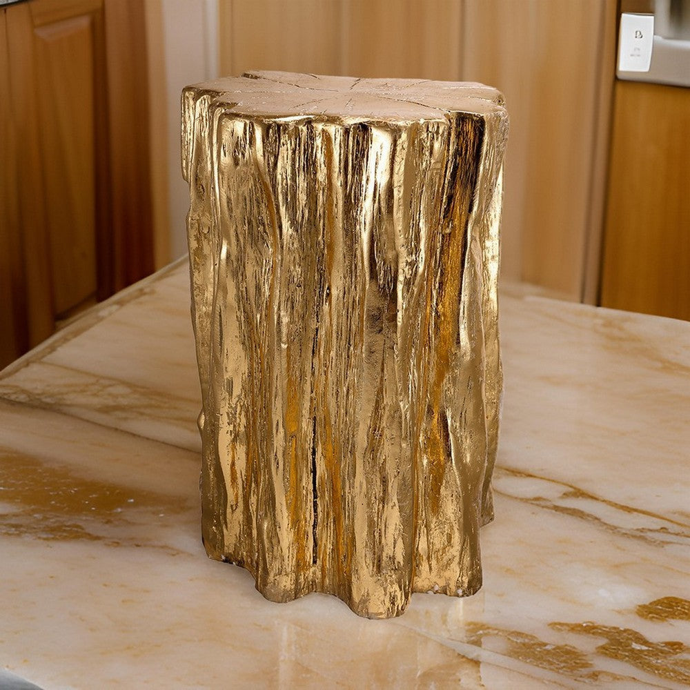 Kiny 20 Inch Accent Stool Table, Tree Trunk Design, Magnesium, Gold Finish