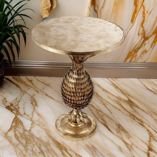 27 Inch Accent Side Table, Turned Pineapple Motif Design, Round Top, Gold By Casagear Home