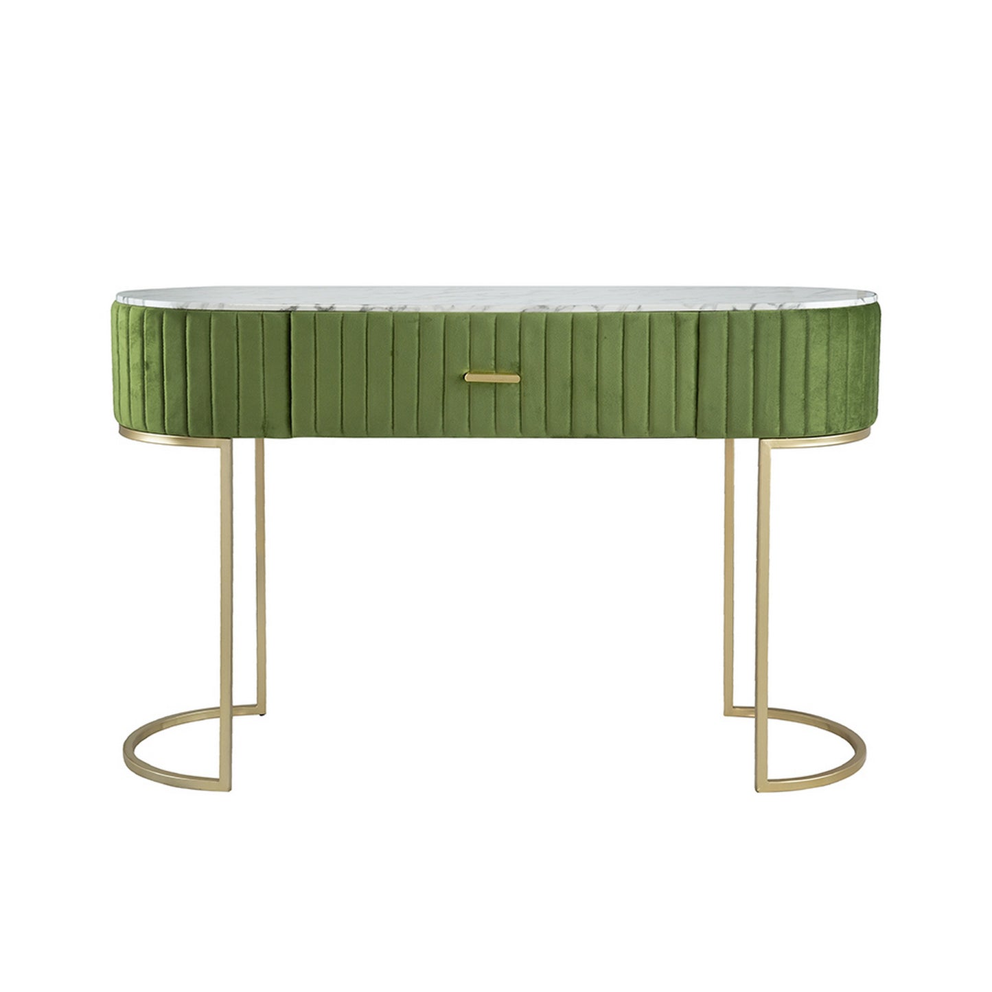 Jeah 47 Inch Console Table, 1 Drawer, Curved Gold Iron Base, Green Fabric By Casagear Home