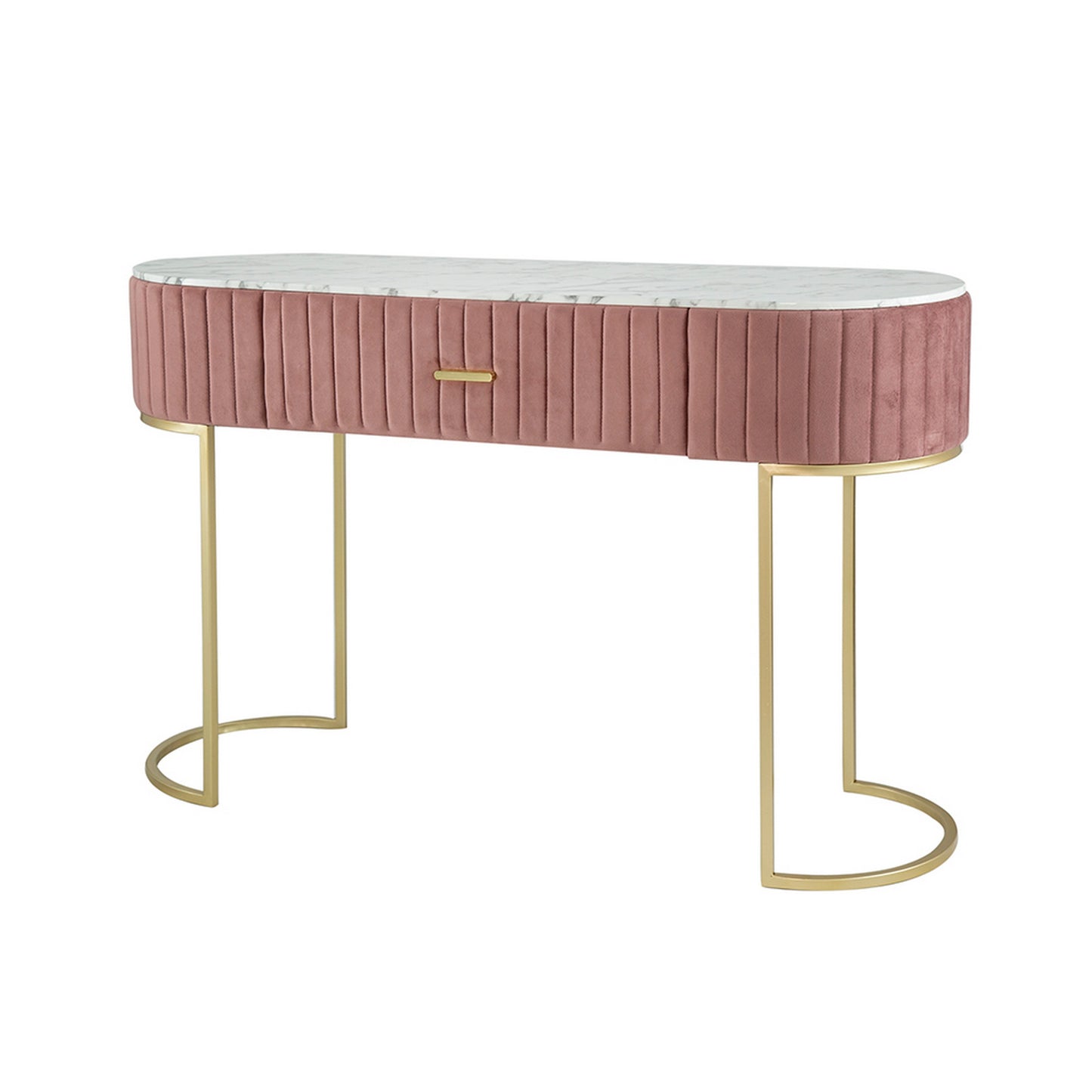 Jeah 47 Inch Console Table 1 Drawer Curved Gold Iron Base Pink Fabric By Casagear Home BM311940