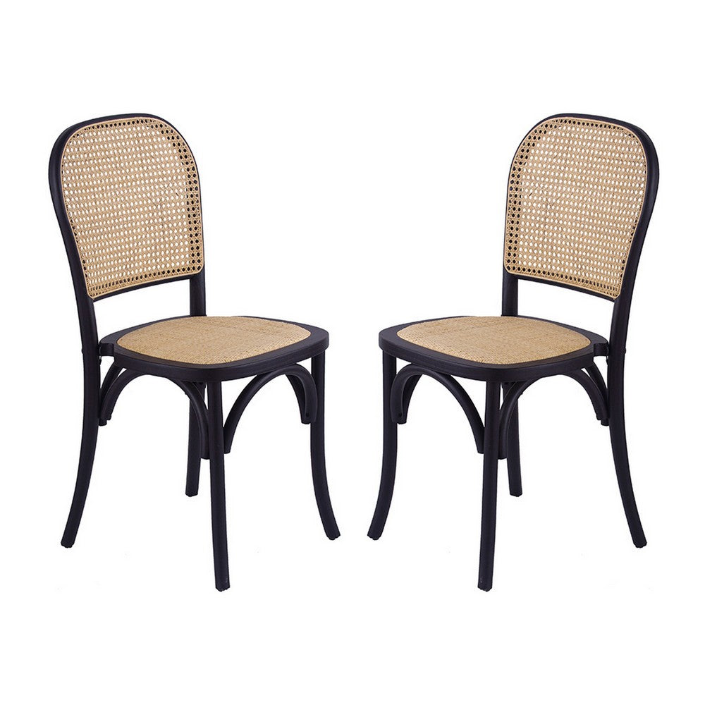 38 Inch Dining Chairs Set of 2 Stackable Woven Cane Beech Wood Black By Casagear Home BM311942