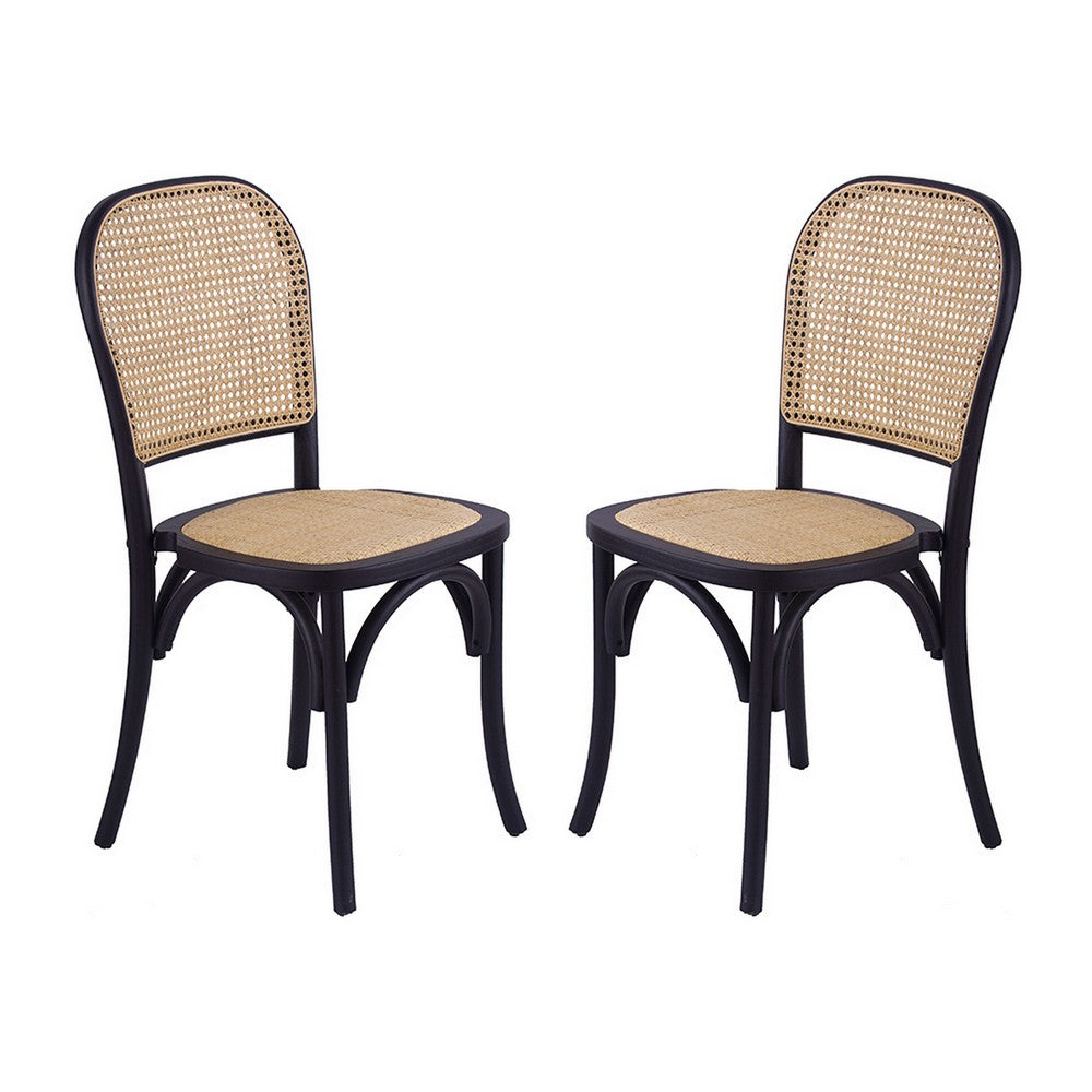 38 Inch Dining Chairs Set of 2 Stackable Woven Cane Beech Wood Black By Casagear Home BM311942