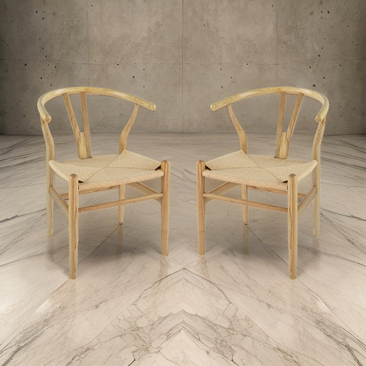 44 Inch Accent Chair, Set of 2, Wishbone Shape, Woven Seat, Ash Wood, Brown By Casagear Home