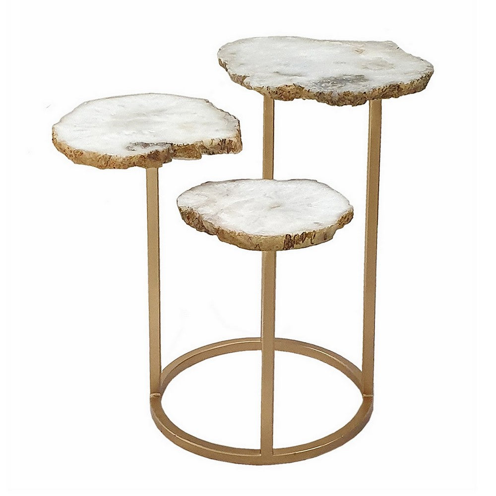 18 Inch Accent Side Table 3 Tier Design White Agate Top Gold Iron Base By Casagear Home BM311946