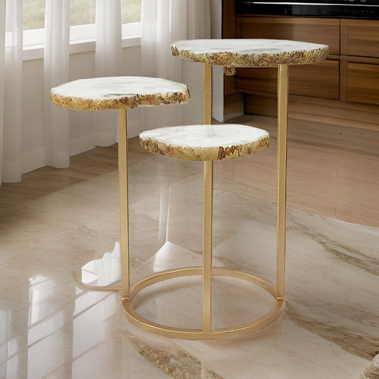 18 Inch Accent Side Table, 3 Tier Design, White Agate Top, Gold Iron Base By Casagear Home