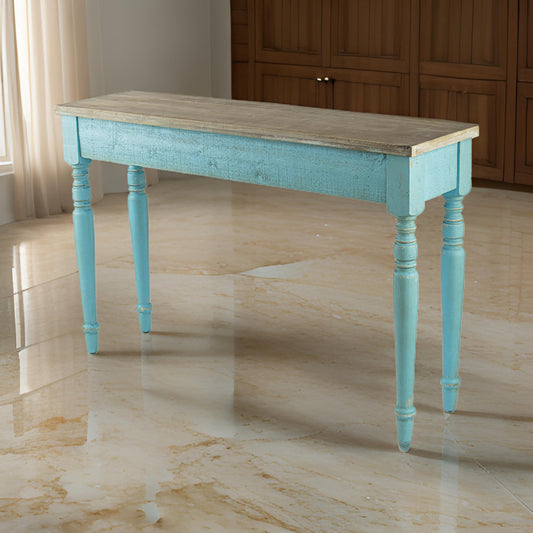 52 Inch Console Sofa Table, Rectangular, Turned Legs, Fir Wood, Teal Blue By Casagear Home