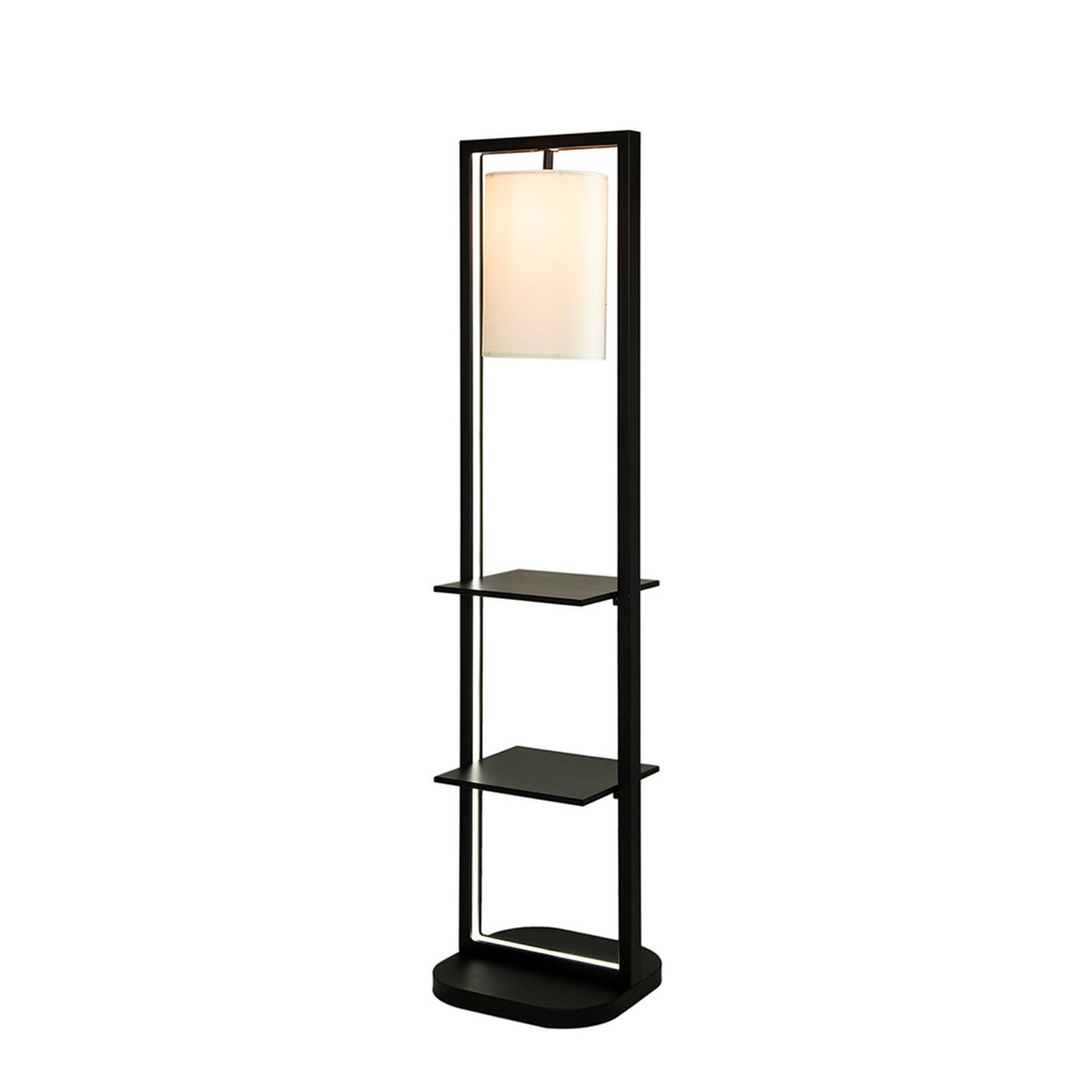 74 Inch Floor Lamp with 2 Shelves Round Lampshade Black Iron White By Casagear Home BM311962