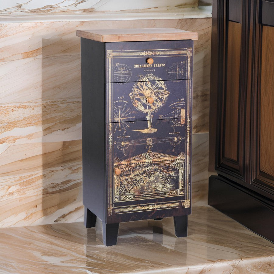 39 Inch Small Accent Cabinet, 2 Drawers, Door, Celestial Design, Black By Casagear Home