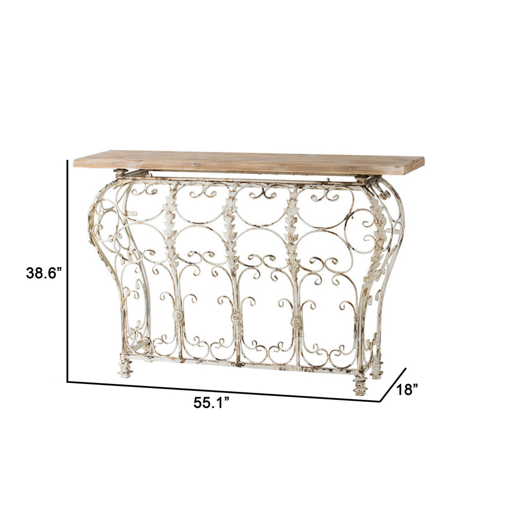 55 Inch Console Sofa Table with Scrollwork Iron Curved Base Wood White By Casagear Home BM311965