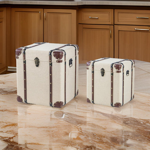 Vina 34 Inch Accent Storage Trunk Set of 2, Faux Leather, Cream Wood, Brown By Casagear Home