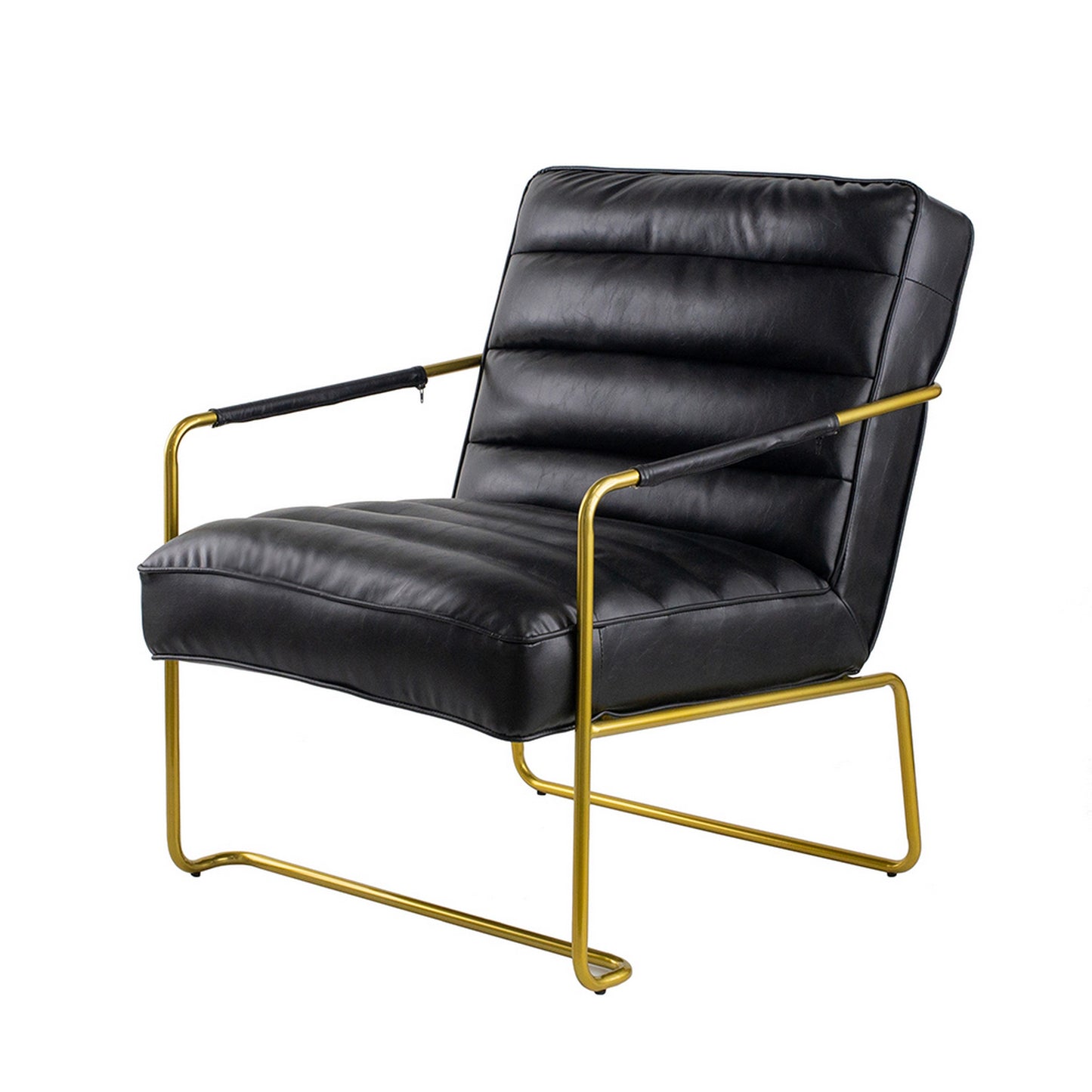 30 Inch Accent Chair Gold Iron Frame Channel Tufted Black Faux Leather By Casagear Home BM311972