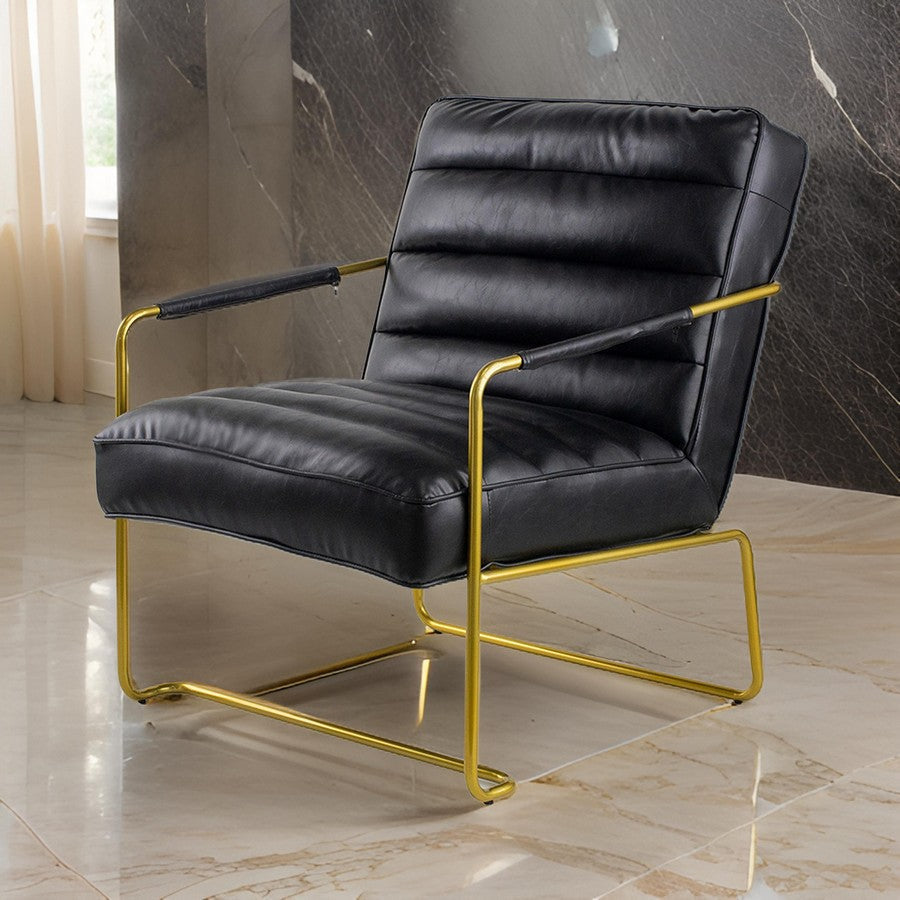 30 Inch Accent Chair, Gold Iron Frame, Channel Tufted Black Faux Leather By Casagear Home