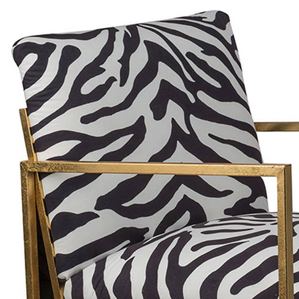 27 Inch Accent Armchair with Zebra Print Polyester Upholstery Iron Gold By Casagear Home BM311973