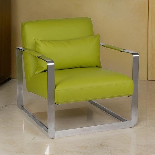 29 Inch Accent Lounge Chair, Cushion, Stainless Steel, Green Faux Leather By Casagear Home