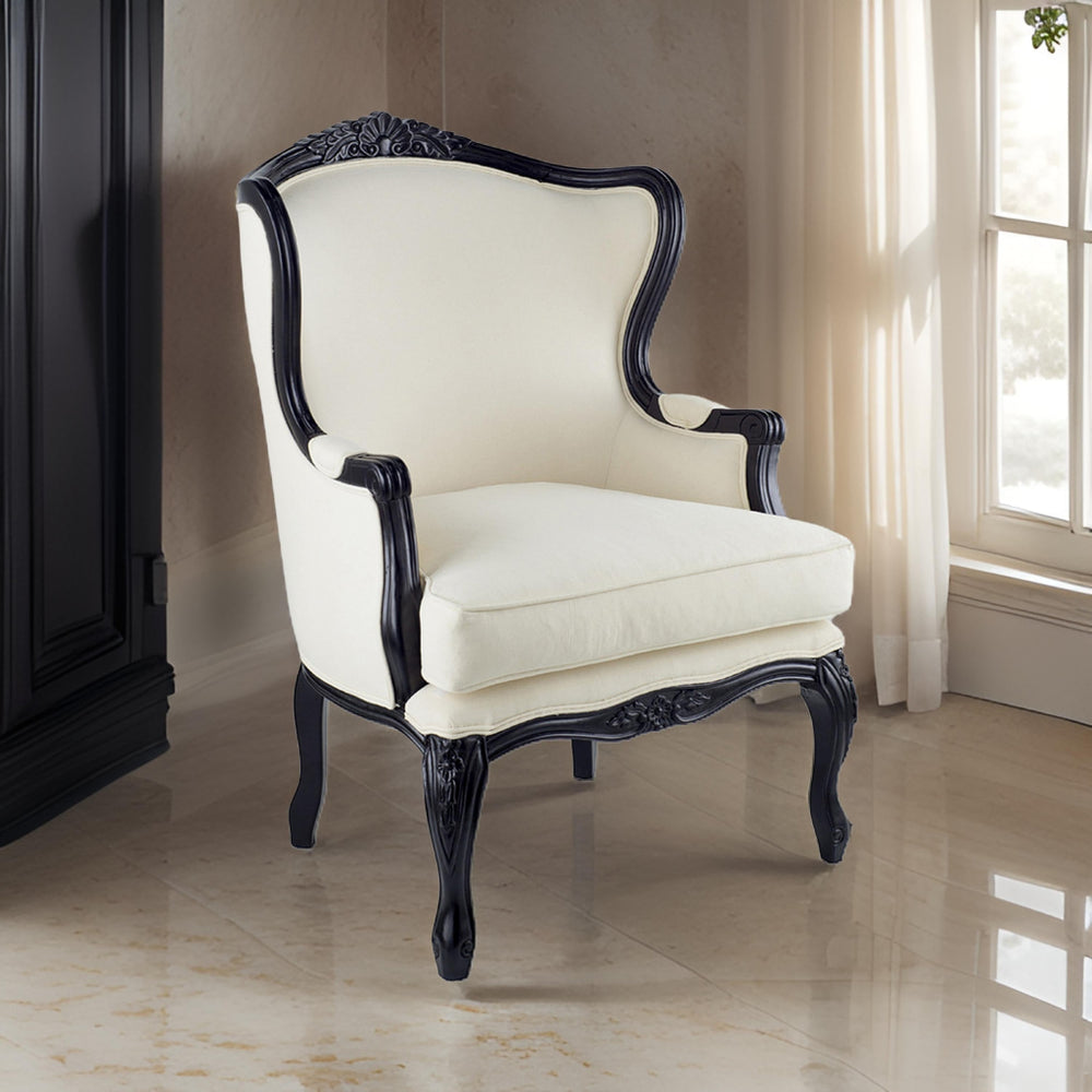 32 Inch Accent Wingback Chair, Classic Curved Legs, Wood, White Polyester By Casagear Home