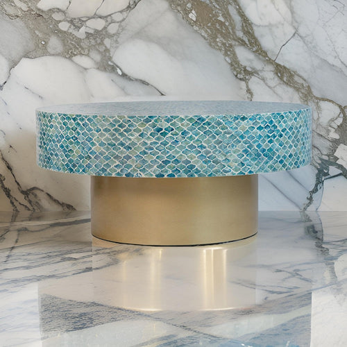 Piki 35 Inch Coffee Table, Round, Mughal Capiz Inlaid Pattern, Blue, Gold By Casagear Home