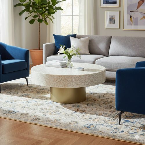 Piki 35 Inch Coffee Table, Mughal Capiz Inlaid Pattern, Cream, Gold  By Casagear Home