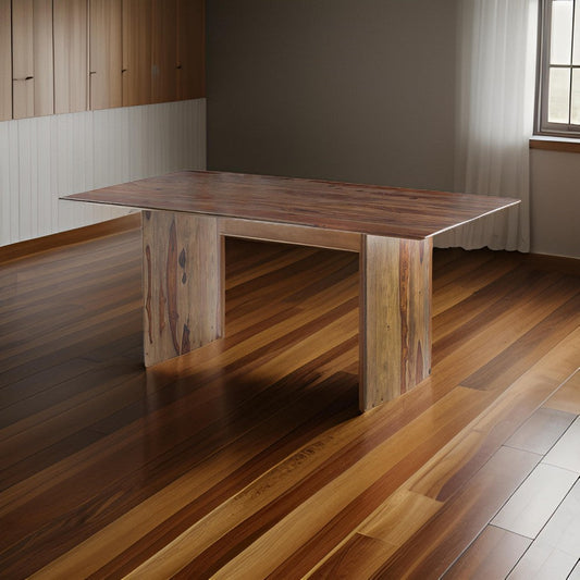 Dice 71 Inch Dining Table, Rectangular Top, Dual Base, Brown Sheesham Wood By Casagear Home