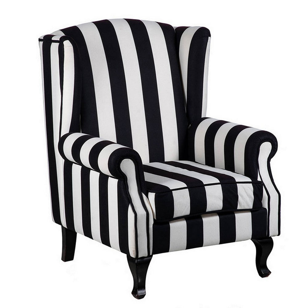 35 Inch Accent Armchair, Black and White Stripes, Wingback, Wood and Foam By Casagear Home