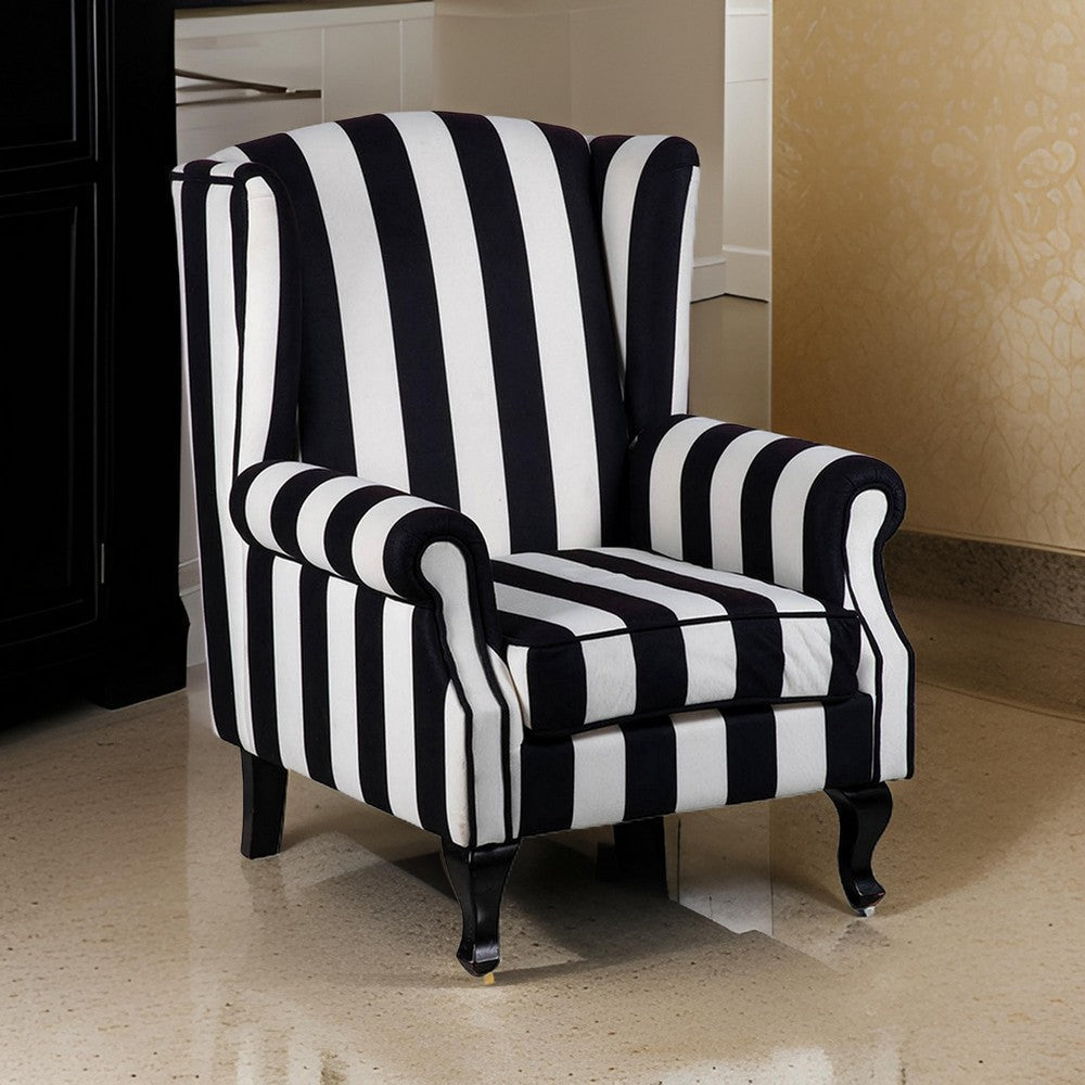 35 Inch Accent Armchair, Black and White Stripes, Wingback, Wood and Foam By Casagear Home