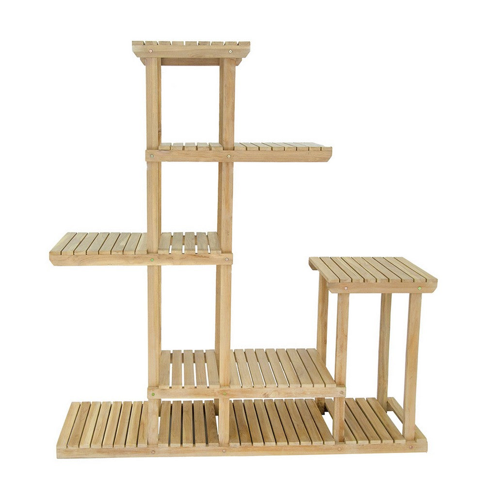 67 Inch Flower Plant Stand Multi Tier Shelf Design Natural Teak Wood By Casagear Home BM311987