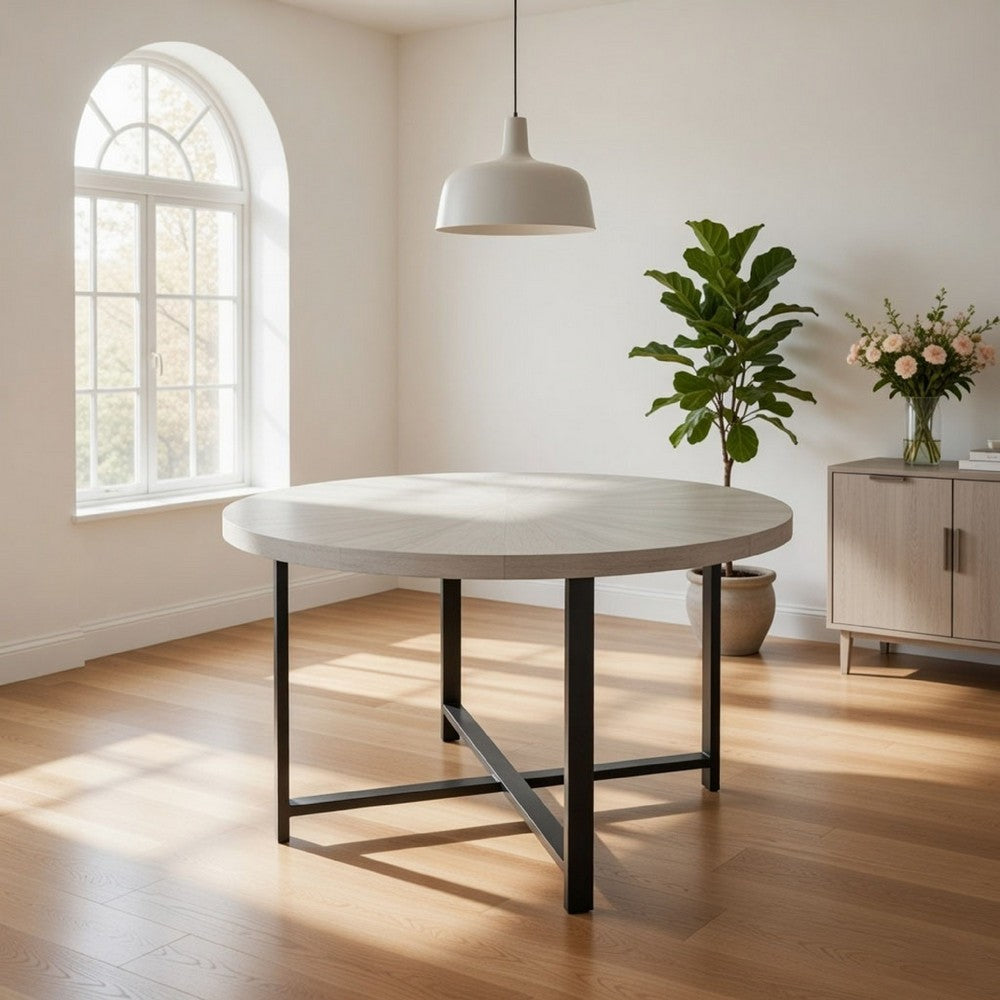 47 Inch Dining Table, Round Acacia Wood Top, Crossed Iron Design, White By Casagear Home