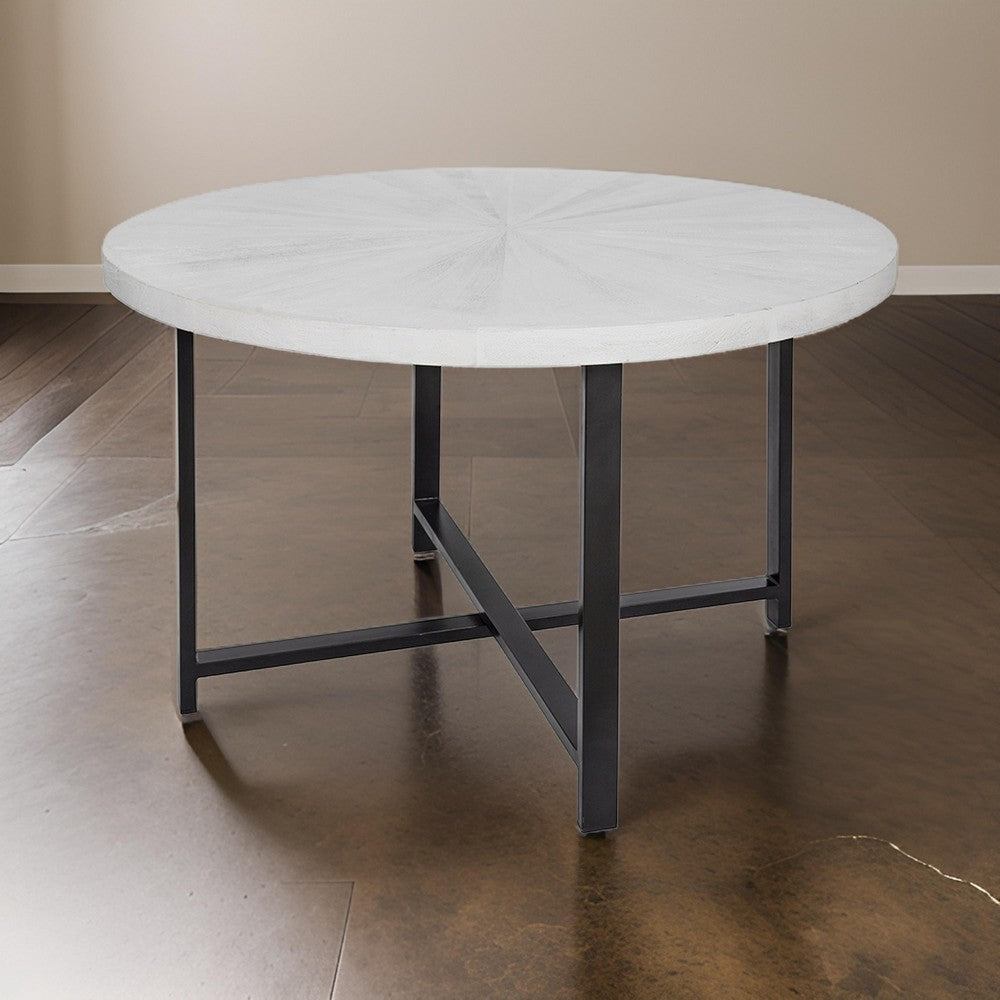 47 Inch Dining Table Round Acacia Wood Top Crossed Iron Design White By Casagear Home BM311990