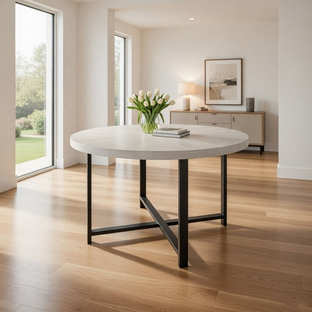 47 Inch Dining Table, Round Acacia Wood Top, Crossed Iron Design, White By Casagear Home