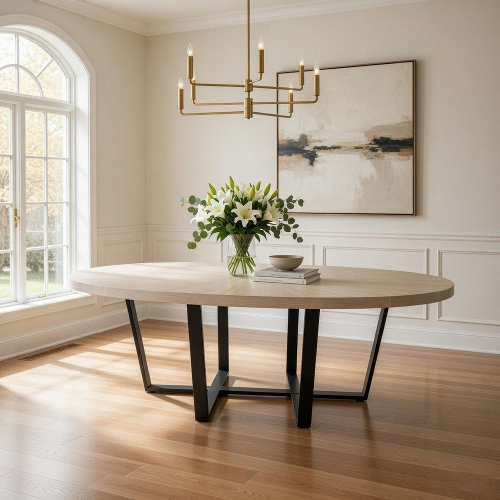 Raj 91 Inch Round Dining Table, Cross Legged Iron Frame, Cream White Wood By Casagear Home